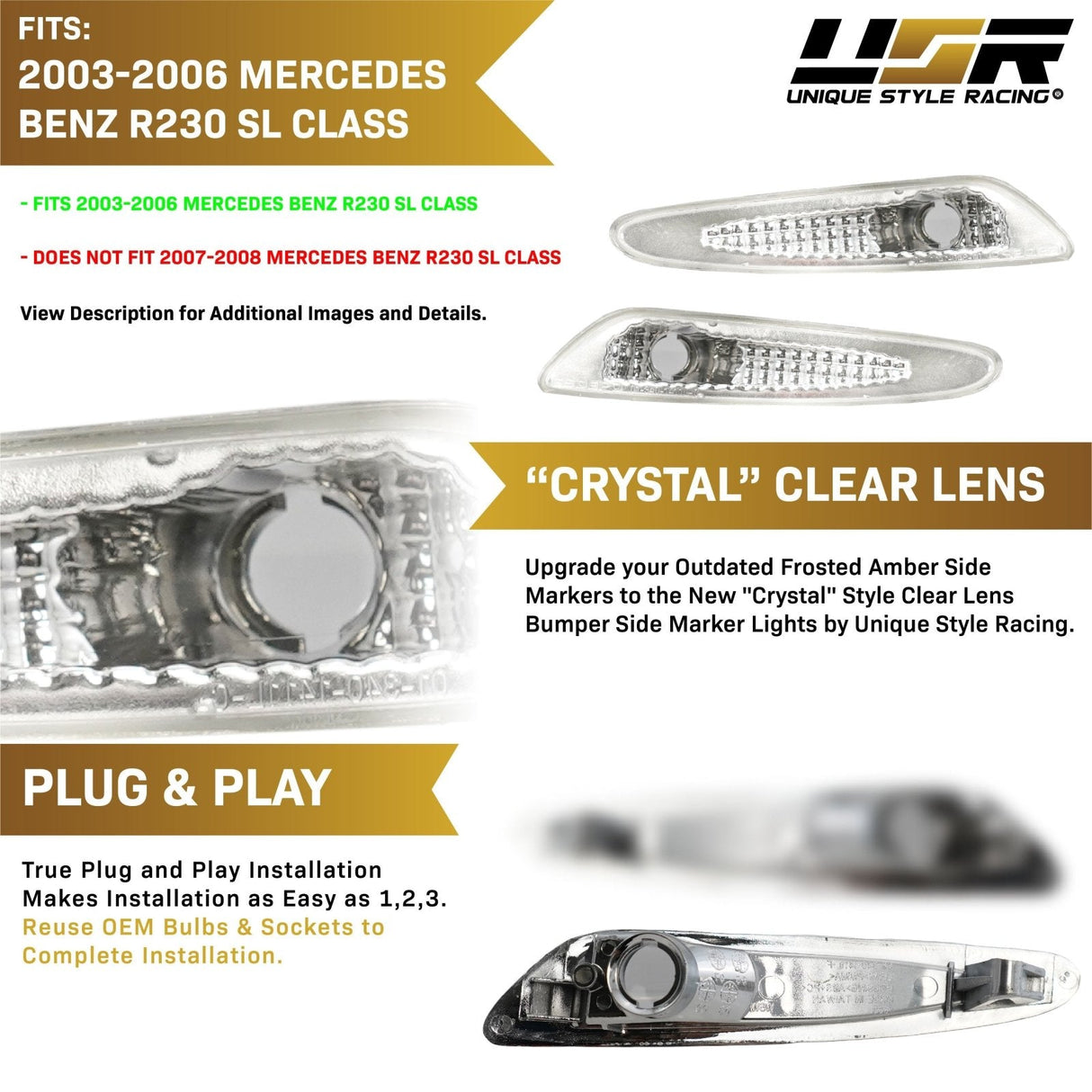 2003-2006 Mercedes R230 SL-Class Crystal Smoke Front Bumper Light