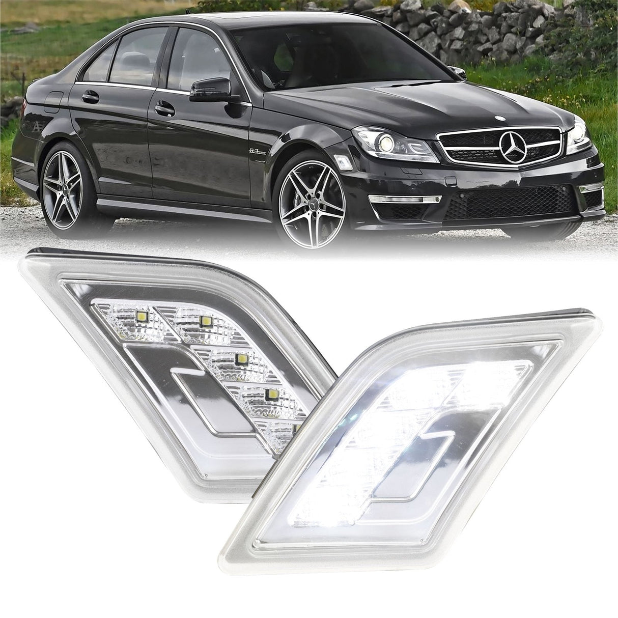 2008-2011 Mercedes C-Class Clear White LED Bumper Lights