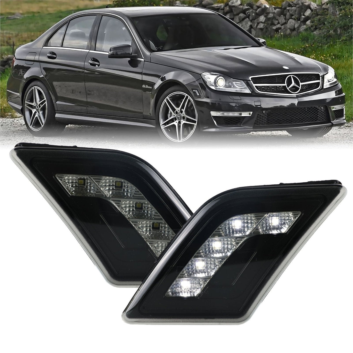 2008-2011 Mercedes W204 C-Class Smoke White Led Bumper Lights