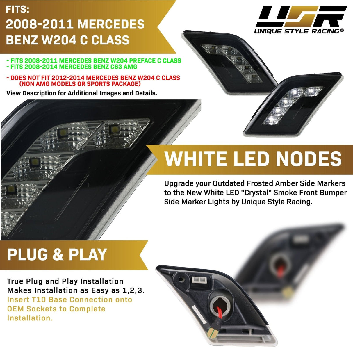 2008-2011 Mercedes W204 C-Class Smoke White Led Bumper Lights