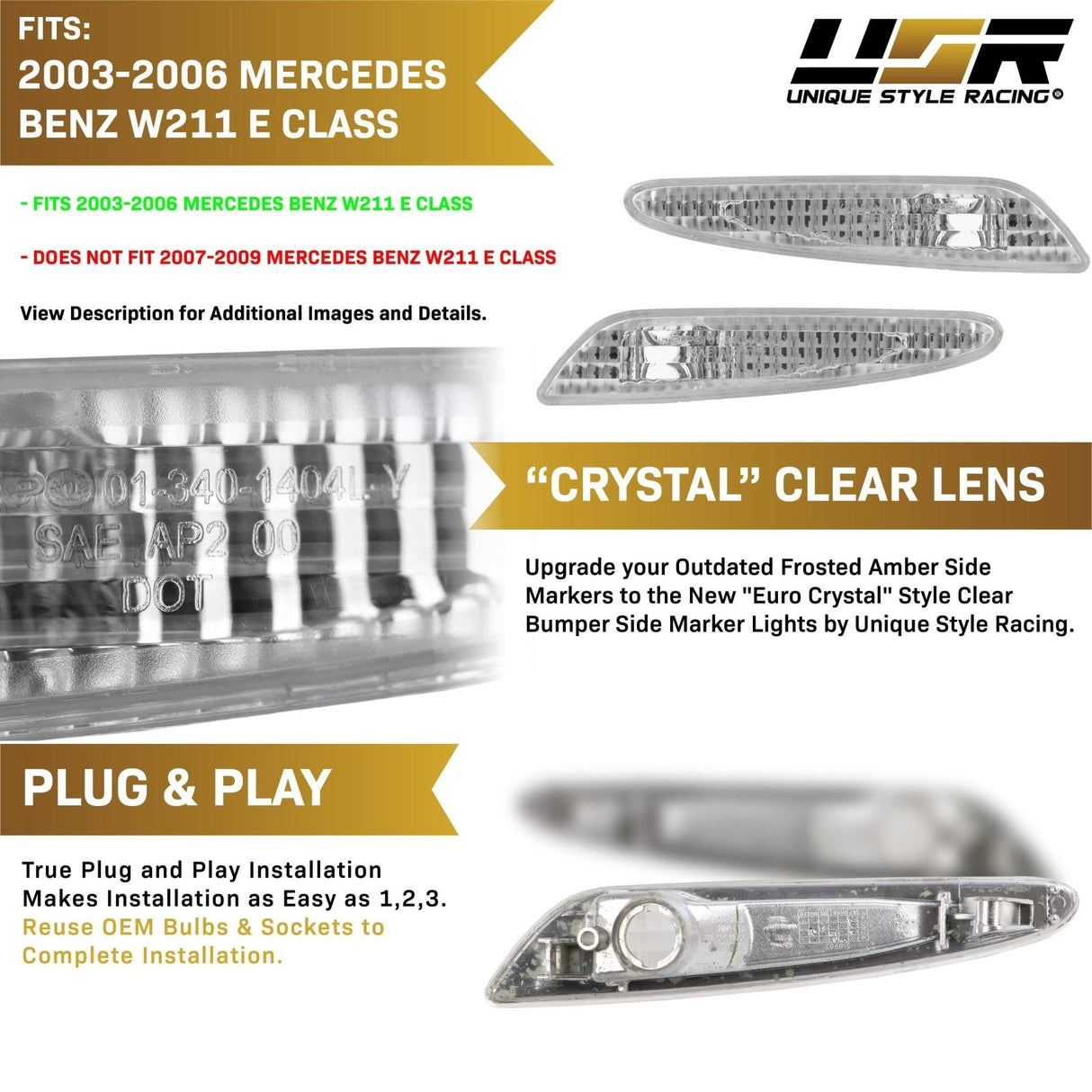 2003-2006 Mercedes W211 E-Class Crystal Smoke Front Bumper Light