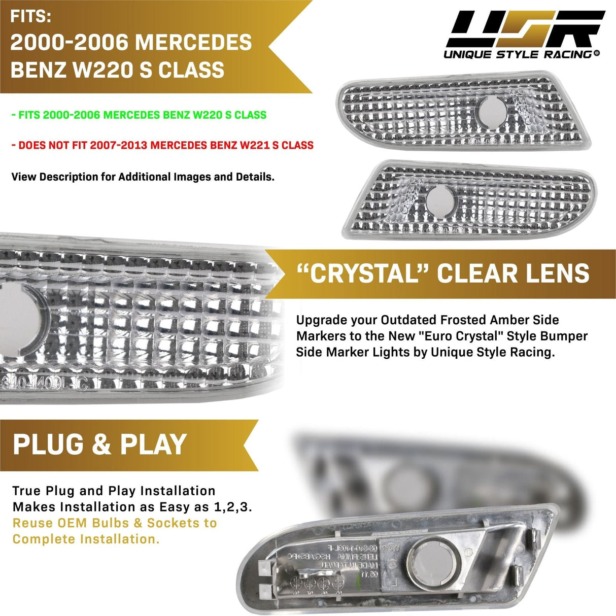 2000-2006 Mercedes W220 S-Class Crystal Smoke Bumper Lights