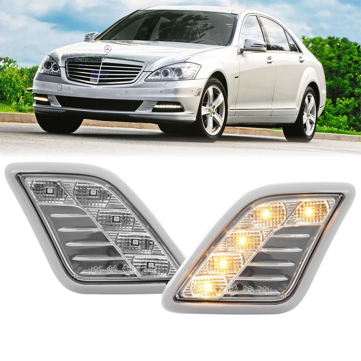 2010-2013 Mercedes W221 S-Class Crystal Clear Amber Led Bumper Side Marker Lights