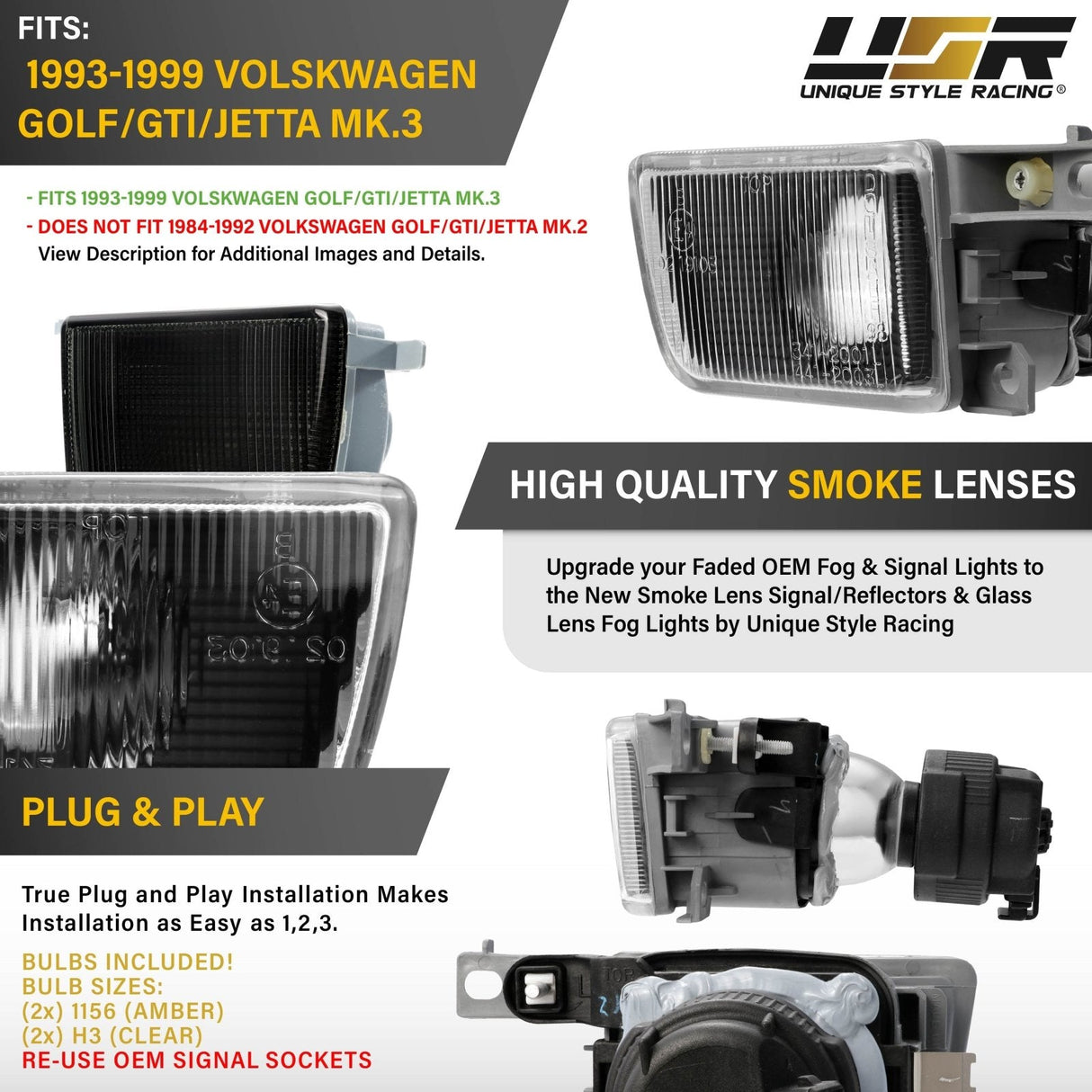 1993-1999 Volkswagen Golf/GTI/Jetta Projector Fog Light Bumper Signals