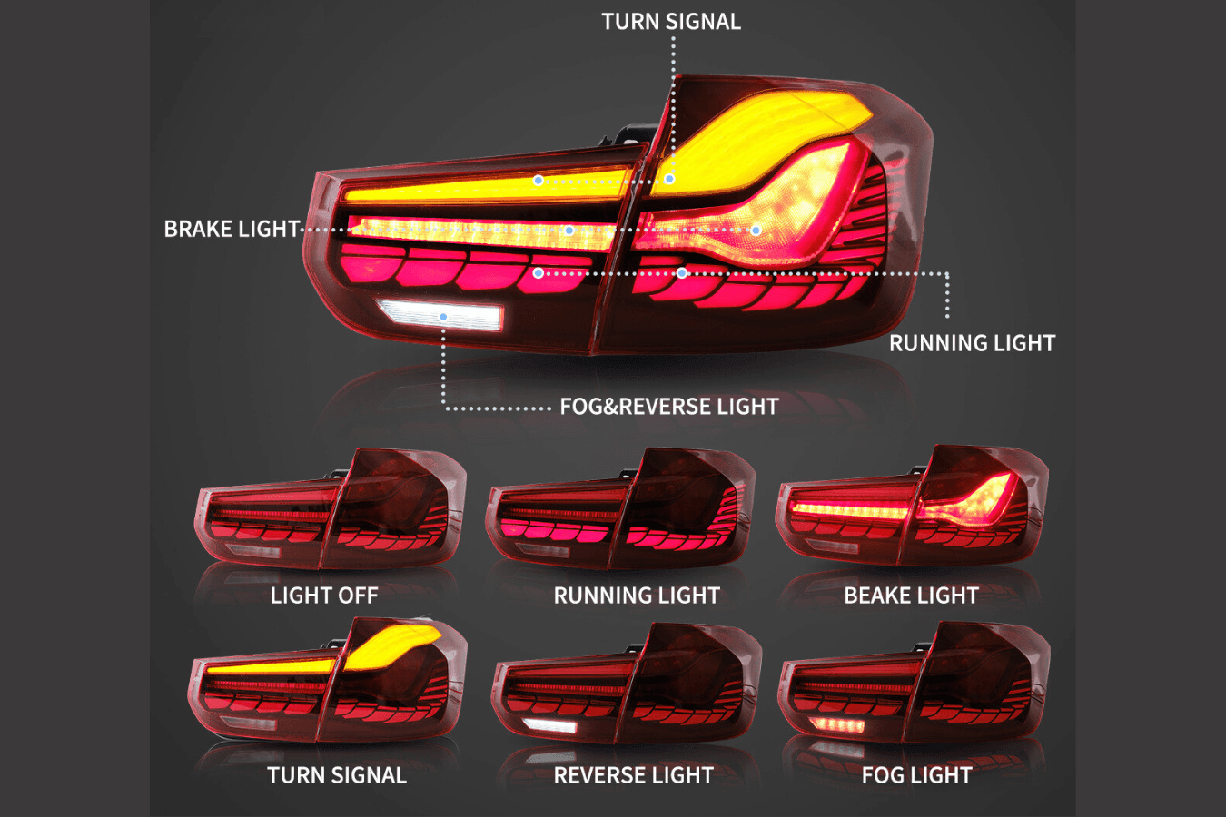 BMW 3-Series 6th Gen F30 F35 F80 GTS Style -Red or Smoked- OLED Dynamic Tail Lights (2012-2019) - K2 Industries