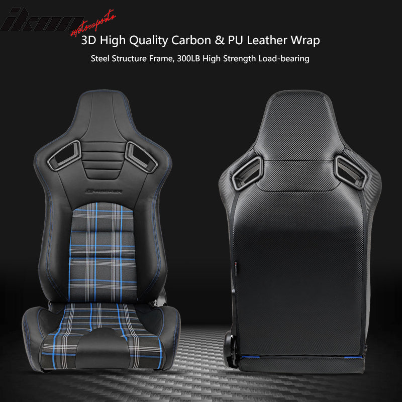 Universal Blue Plaid Racing Seat Dual Slider Buckle Belt PU Carbon