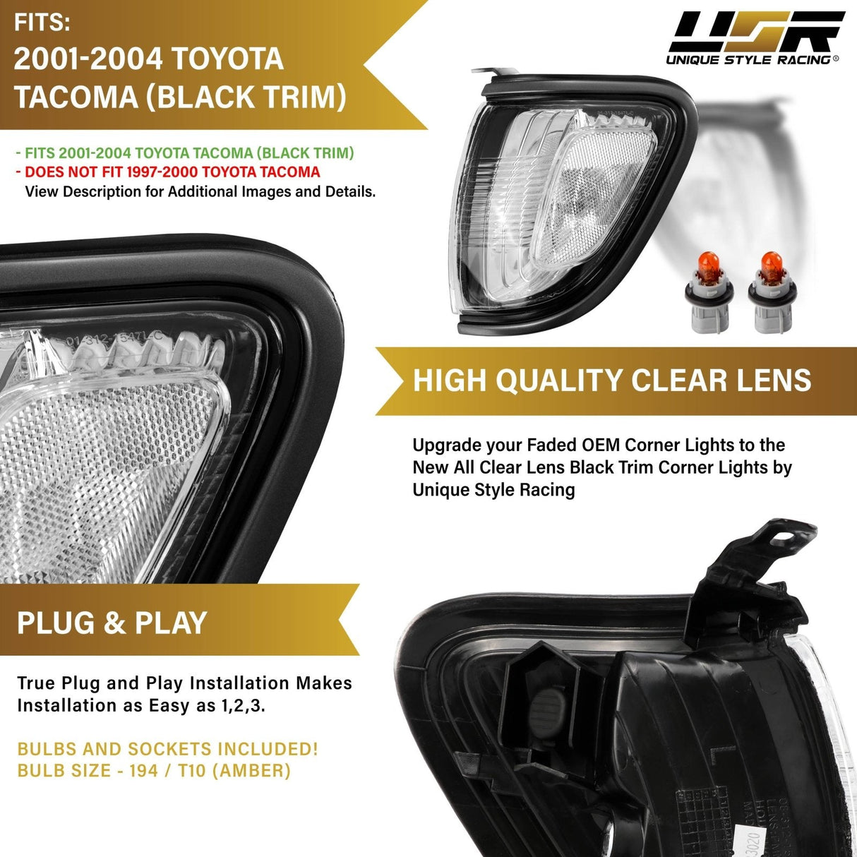 2001-2004 Toyota Tacoma Clear Corner Lights With Black Trim