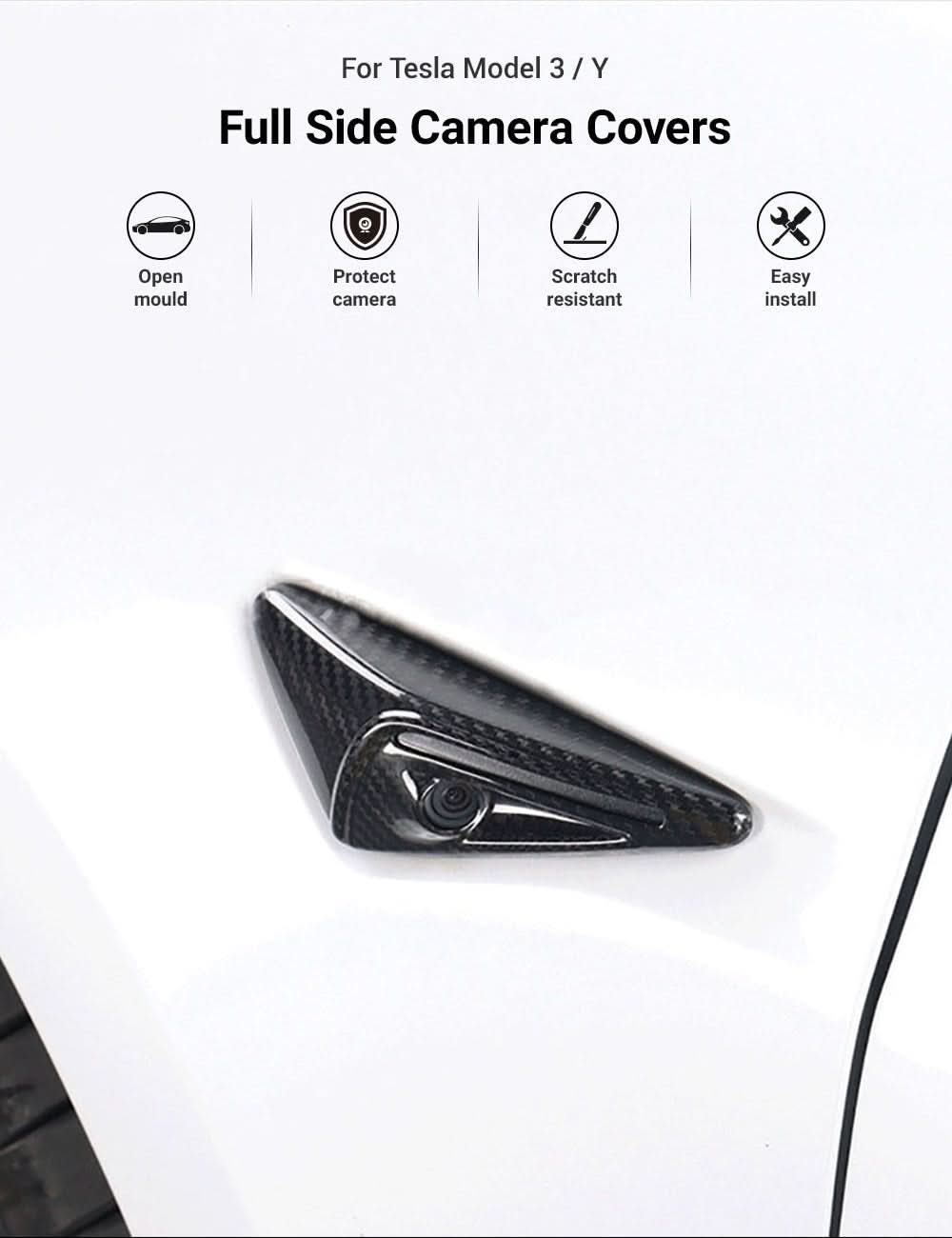 Full Side Camera Covers for Tesla Model 3 / Y - Carbon Fiber Exterior Mods