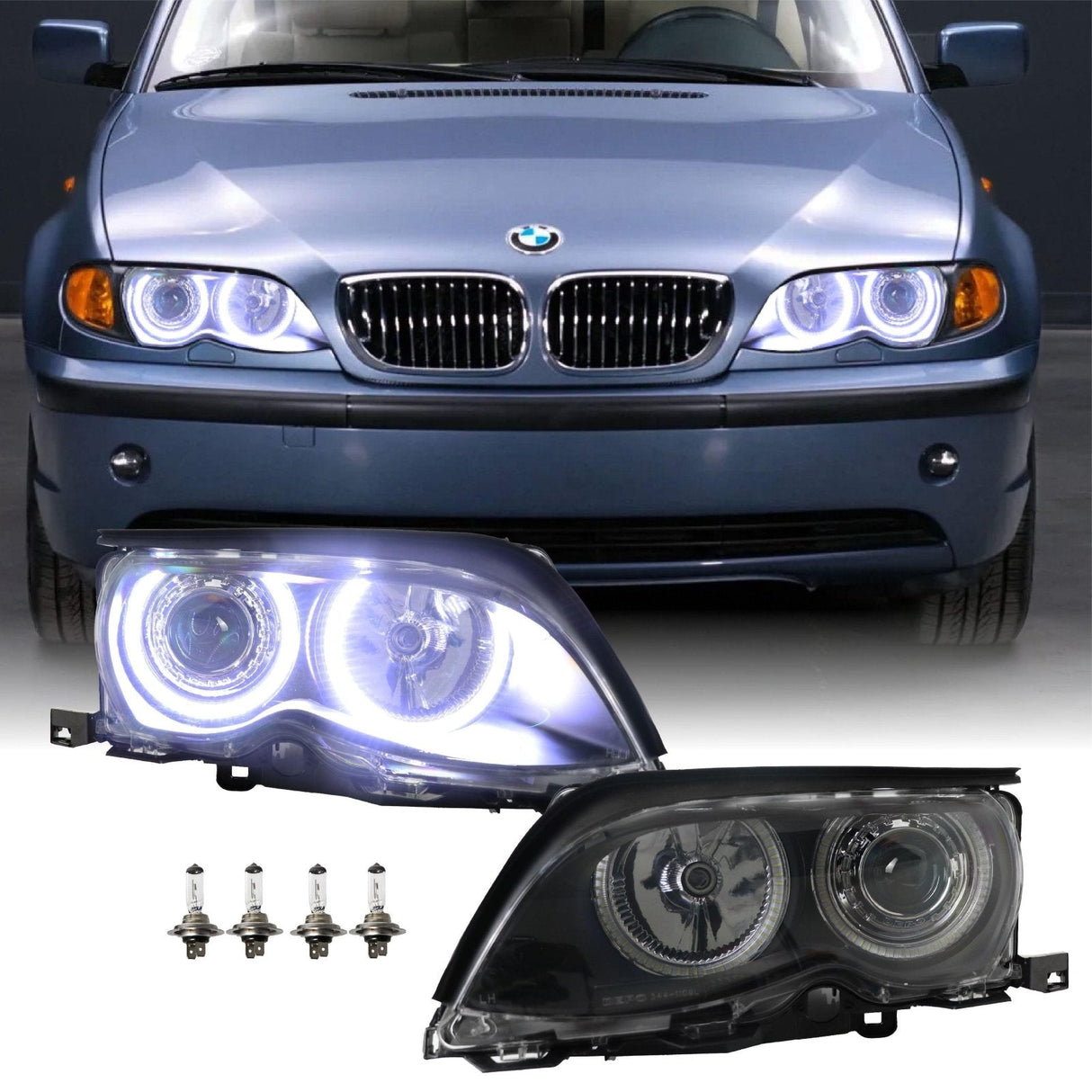 2002-2005 BMW E46 Black Projector Angel Eye Headlights 4pc Set