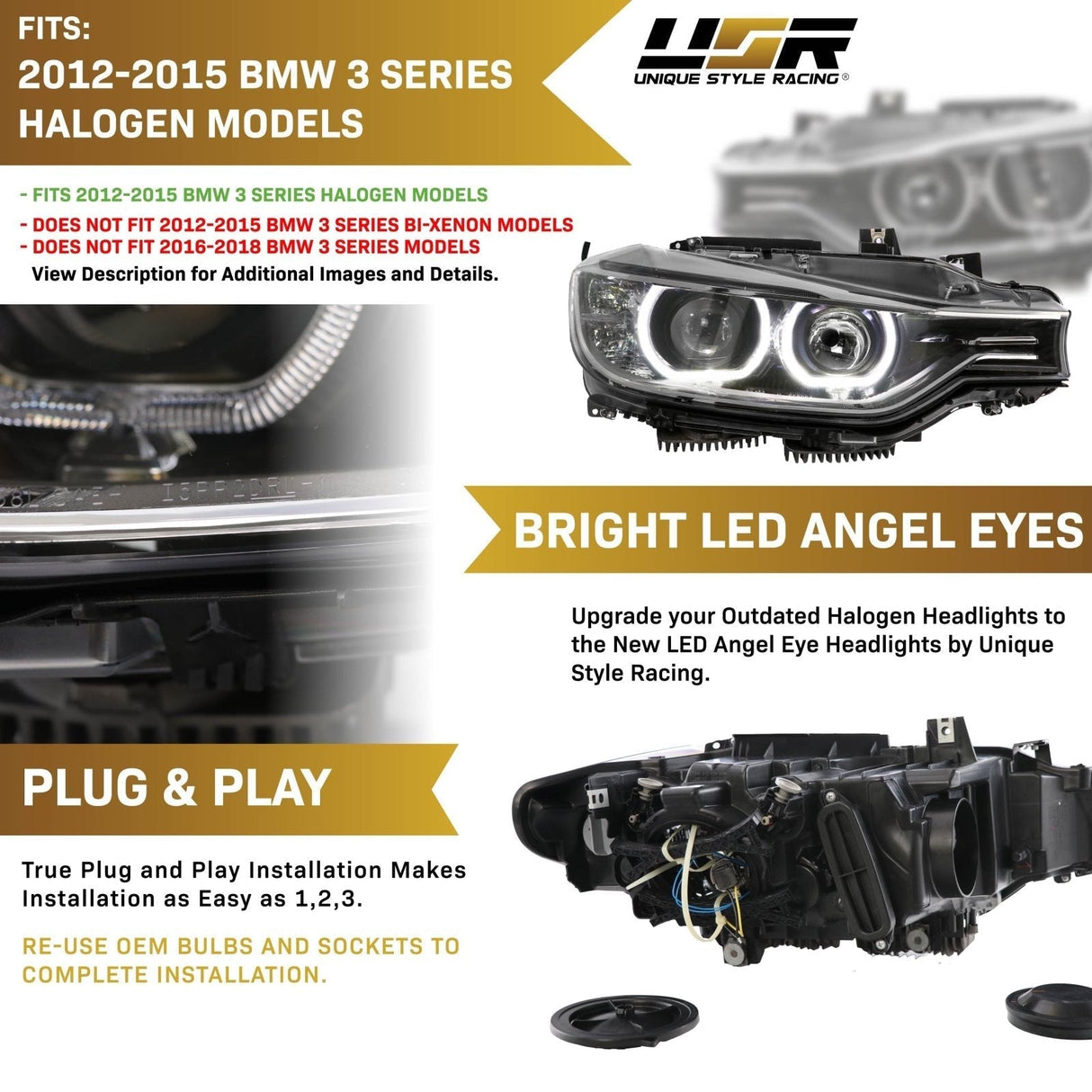 2012-2015 BMW F30 3 Series Black Projector Headlights with Halogen Bulbs