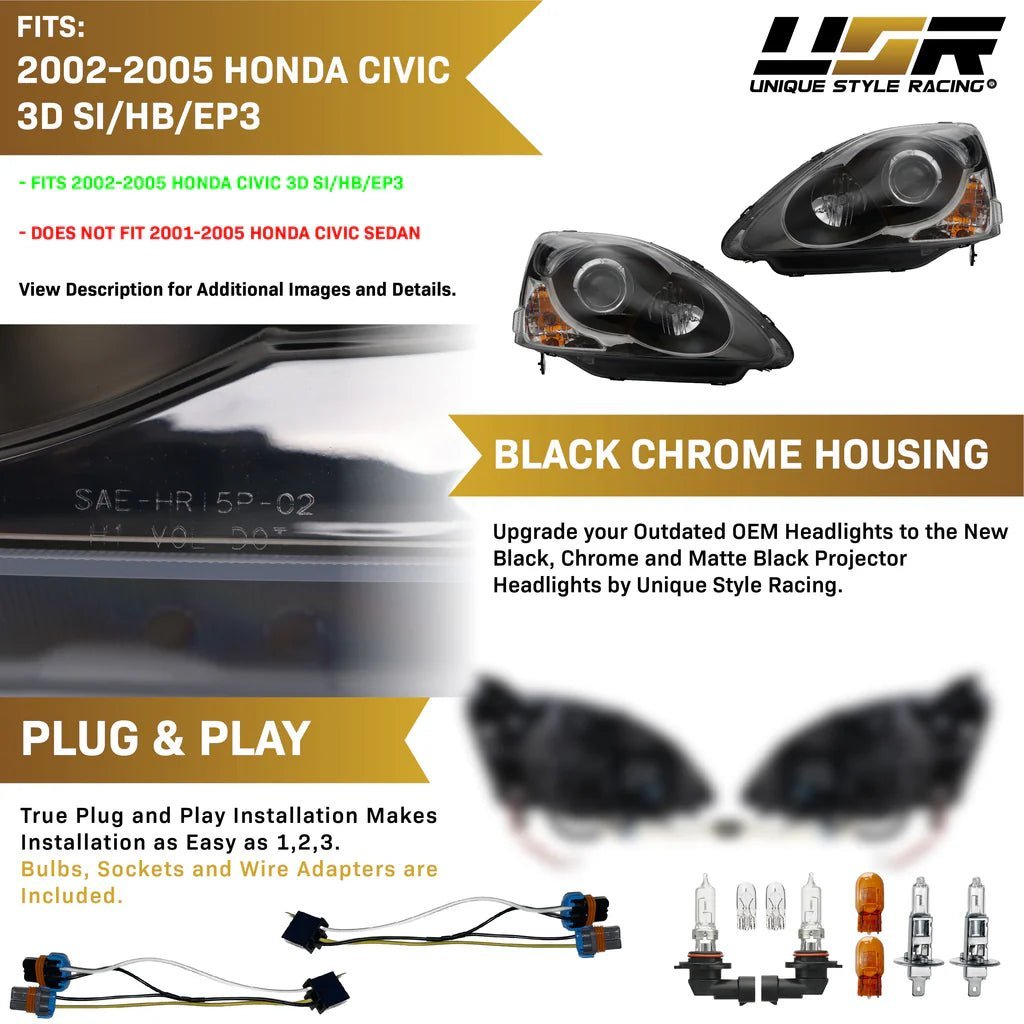 2002-2005 Honda Civic 3D Si Black Projector Headlight Set