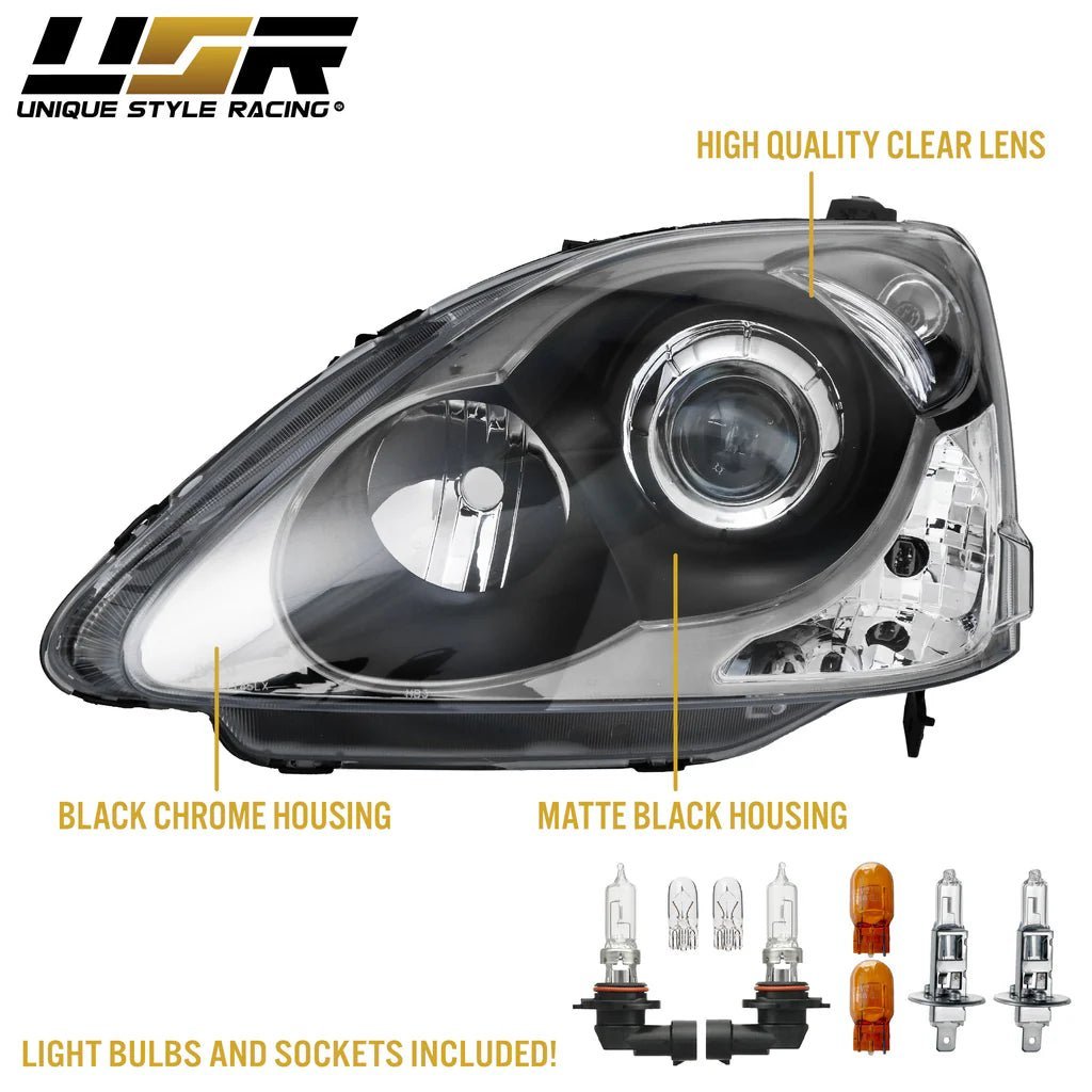 2002-2005 Honda Civic 3D Si Black Projector Headlight Set