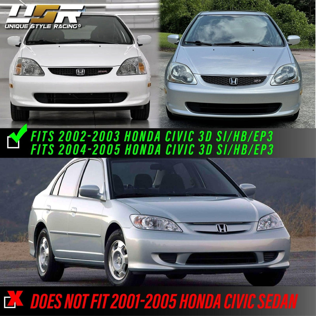 2002-2005 Honda Civic 3D Si Black Projector Headlight Set