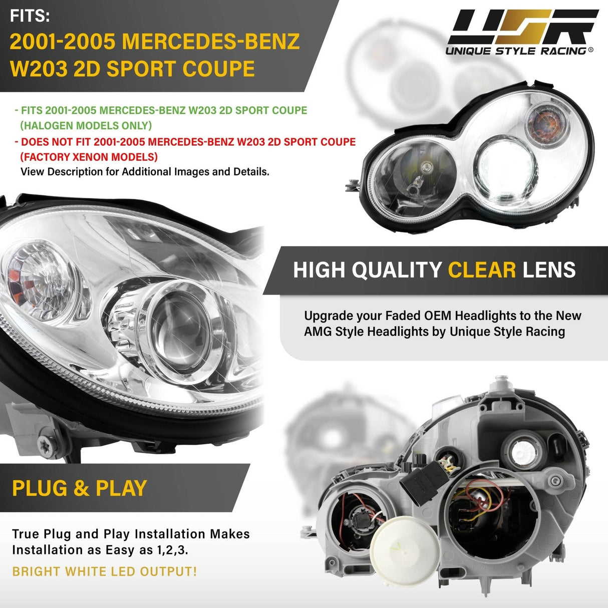 2001-2005 Mercedes W203 2d Coupe Chrome Projector Headlight