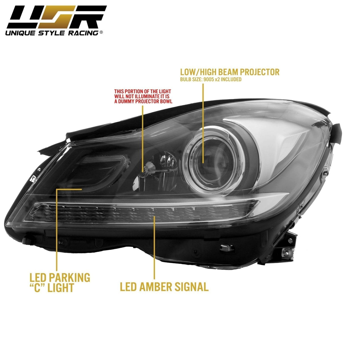 2012-2014 Mercedes W204 C Class AMG Style Black Projector Headlights