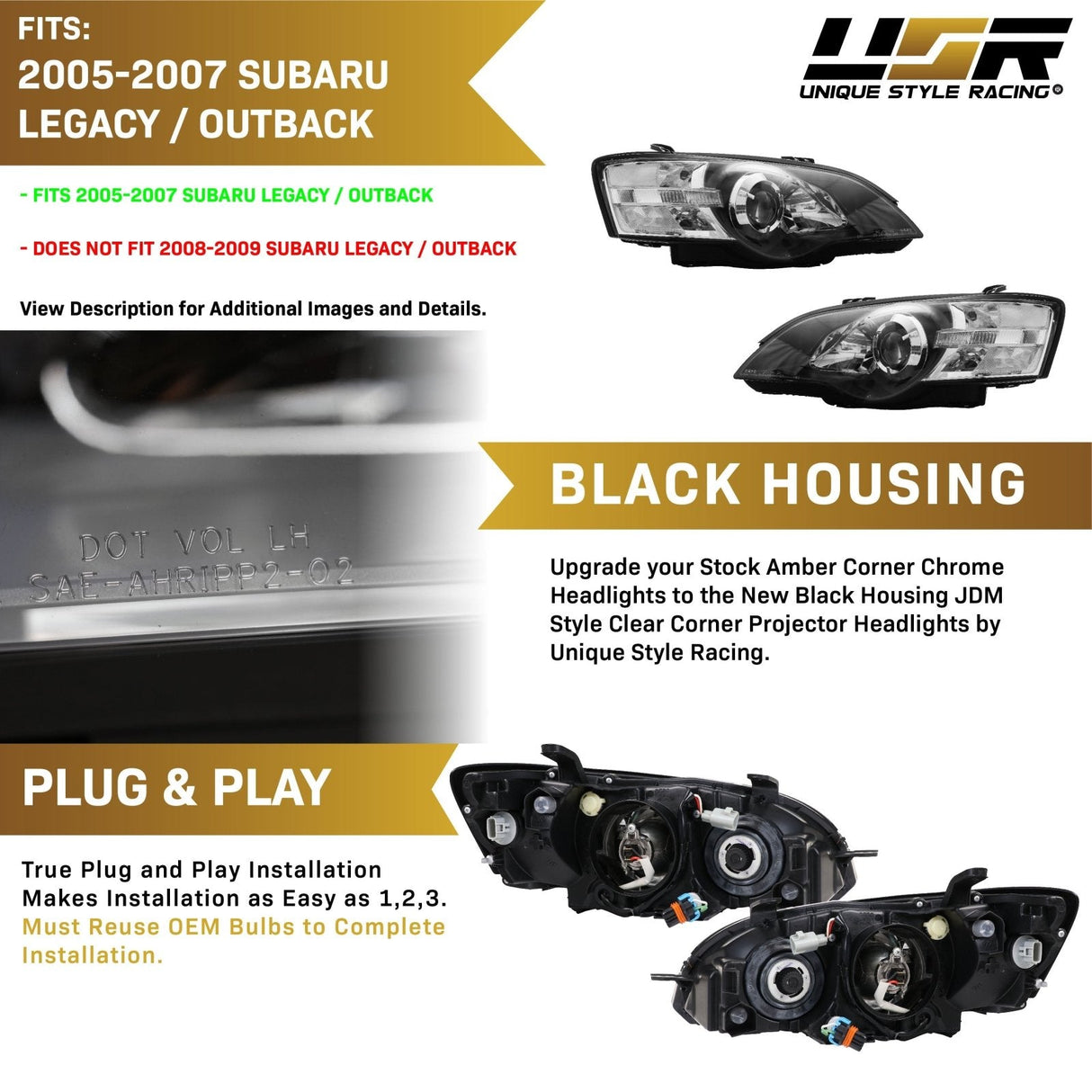 2005-2007 Subaru Legacy Clear Black Projector Headlight