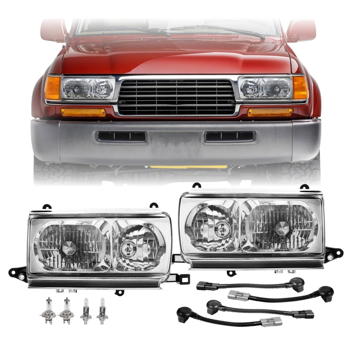 1991-1997 Toyota Land Cruiser FJ80 Crystal Chrome Headlights with Wiring