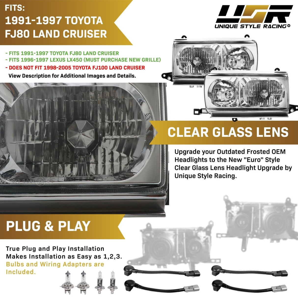 1991-1997 Toyota Land Cruiser FJ80 Crystal Chrome Headlights with Wiring