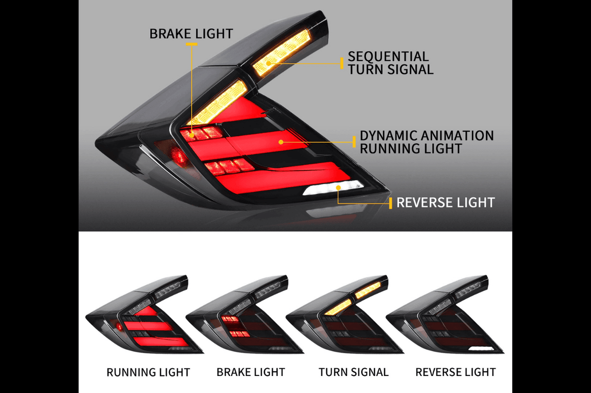 Honda Civic 10th Gen Hatchback and Type R Smoked Style LED Tail Lights Upgrade (2016-2021) - K2 Industries