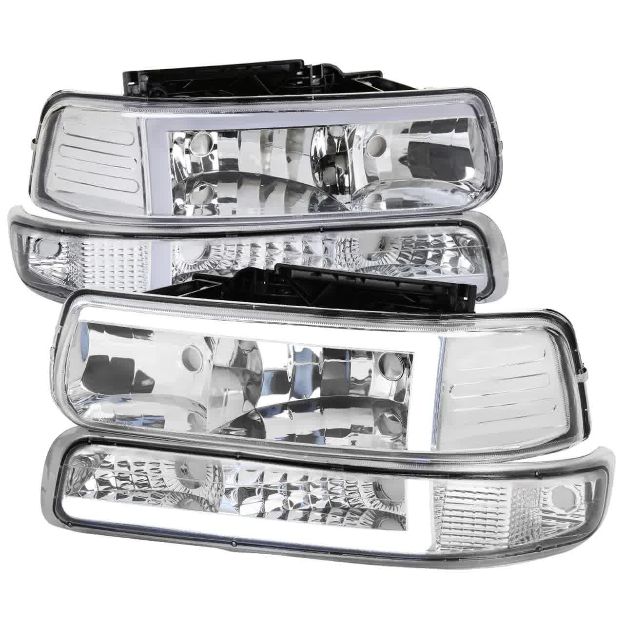 Spec-D Headlights Chevy Silverado 1500 (99-02) 2500HD 3500 (01-02) Crystal LED Bar & Bumper Lights-  Clear or Smoke