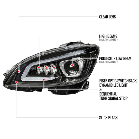Mercedes C250 C300 C350 W204 Switchback Sequential Full LED Projector Headlights (2008-2014) - K2 Industries