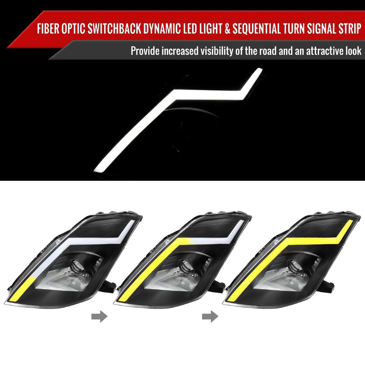 Nissan 350Z Switchback Sequential Animated LED Bar HID Projector Headlights (2003-2009) - K2 Industries