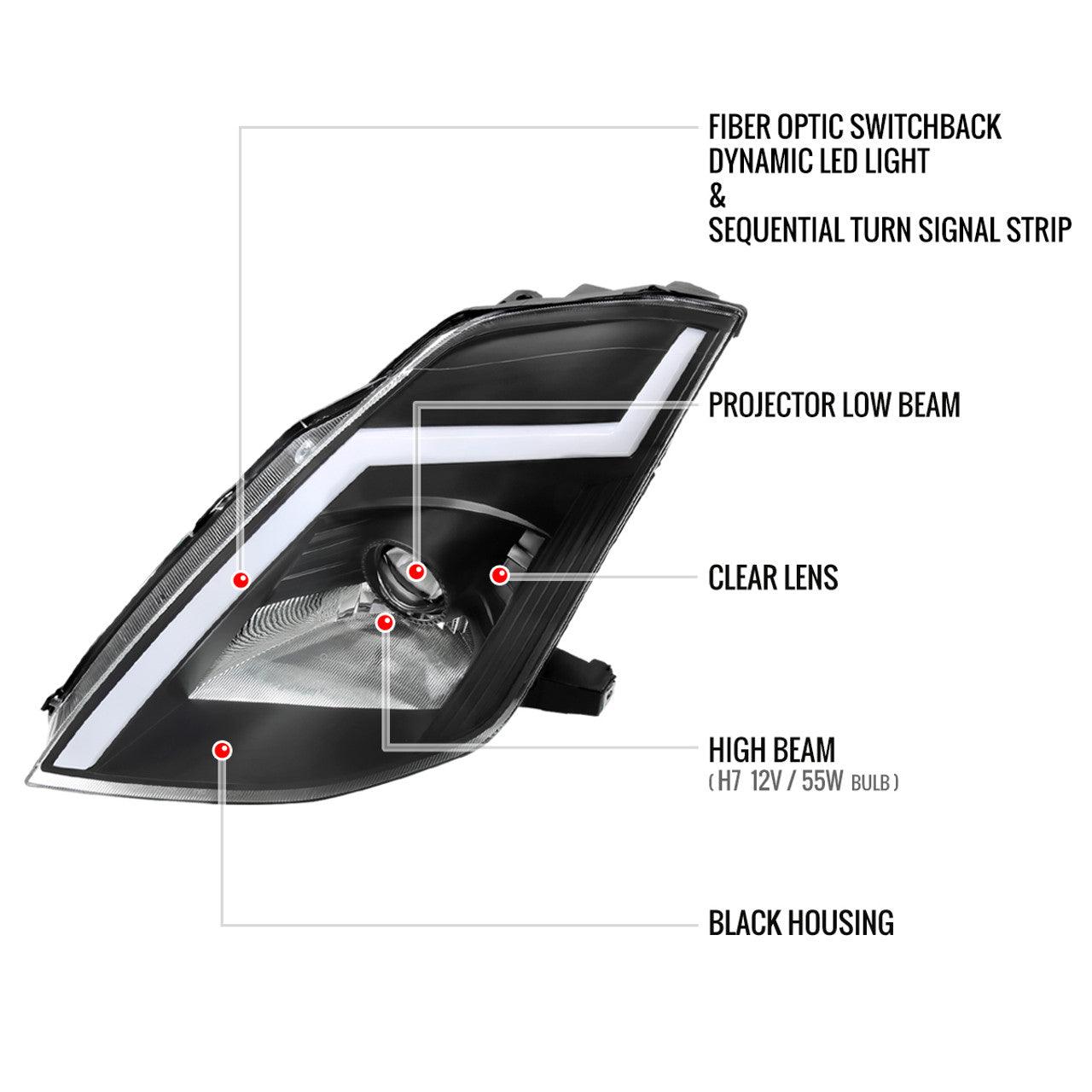 Nissan 350Z Switchback Sequential Animated LED Bar HID Projector Headlights (2003-2009) - K2 Industries