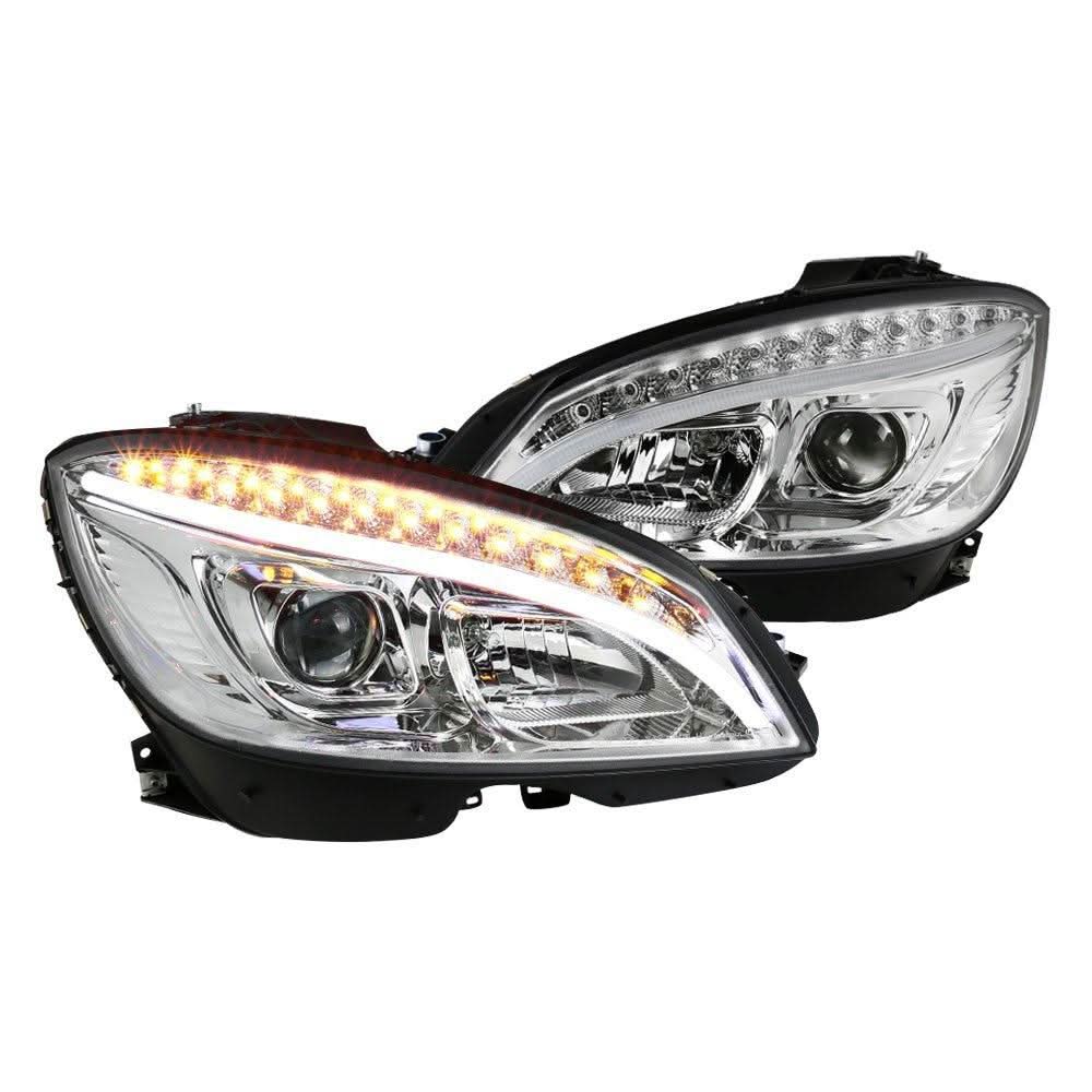 Mercedes C250 C300 C350 W204 - Black or Chrome Projector Headlights with LED Strip (2008-2011) - K2 Industries