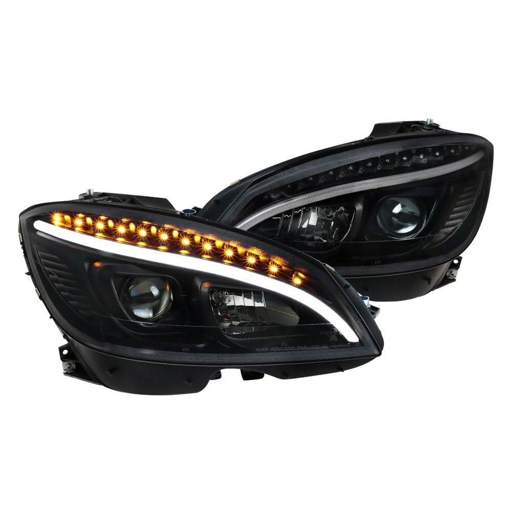 Mercedes C250 C300 C350 W204 - Black or Chrome Projector Headlights with LED Strip (2008-2011) - K2 Industries