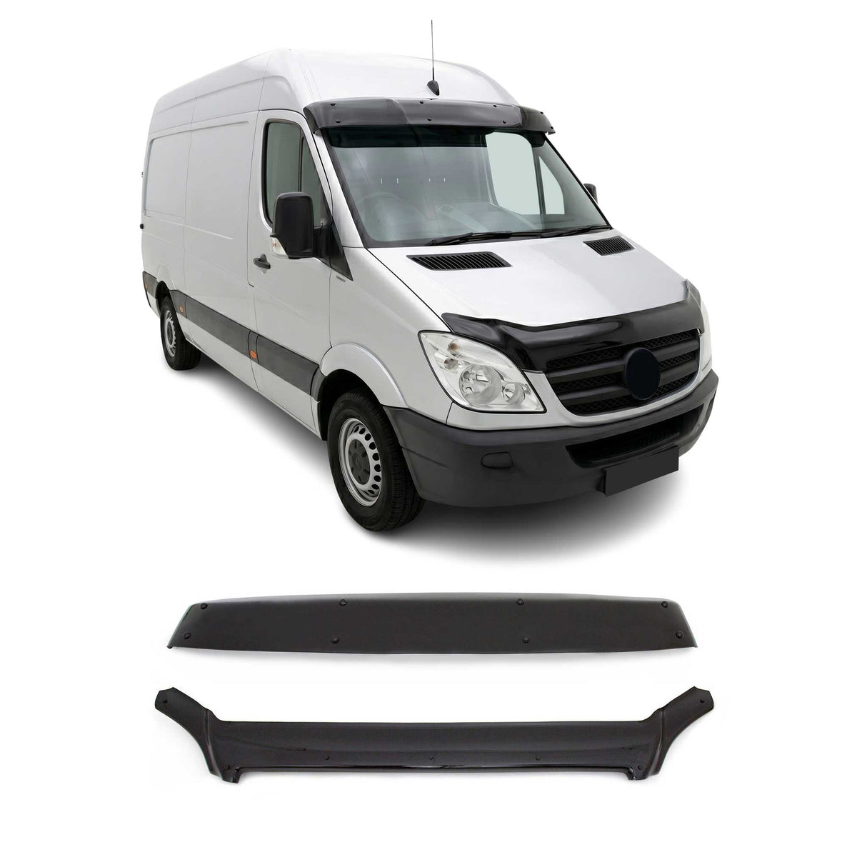 2006-2013 Mercedes Sprinter W906 Sun Visor & Bug Shield Hood Deflector Kit 2Pcs Smoke