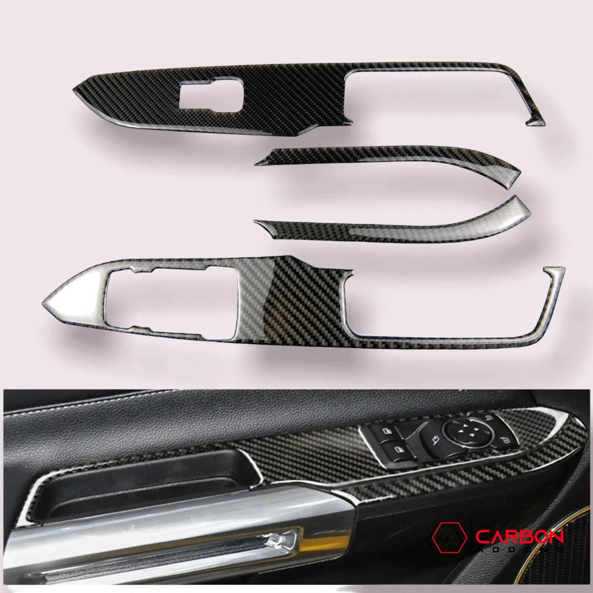Carbon Fiber Window Control Panel Trim Overlay for Mustang 2015-2023