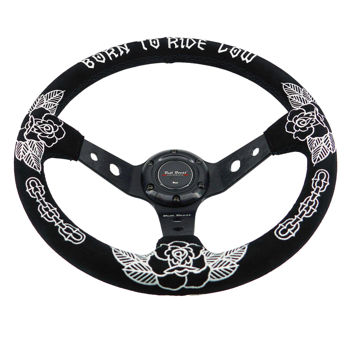Custom Rose Universal 350mm 3" Deep Dish 6-Bolt Steering Wheel Black Suede Alcantara