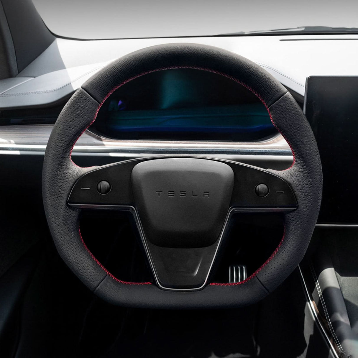 TESERY Touch Horn Plaid Round Steering Wheel Replacement for Tesla Model S / X 2021-2023