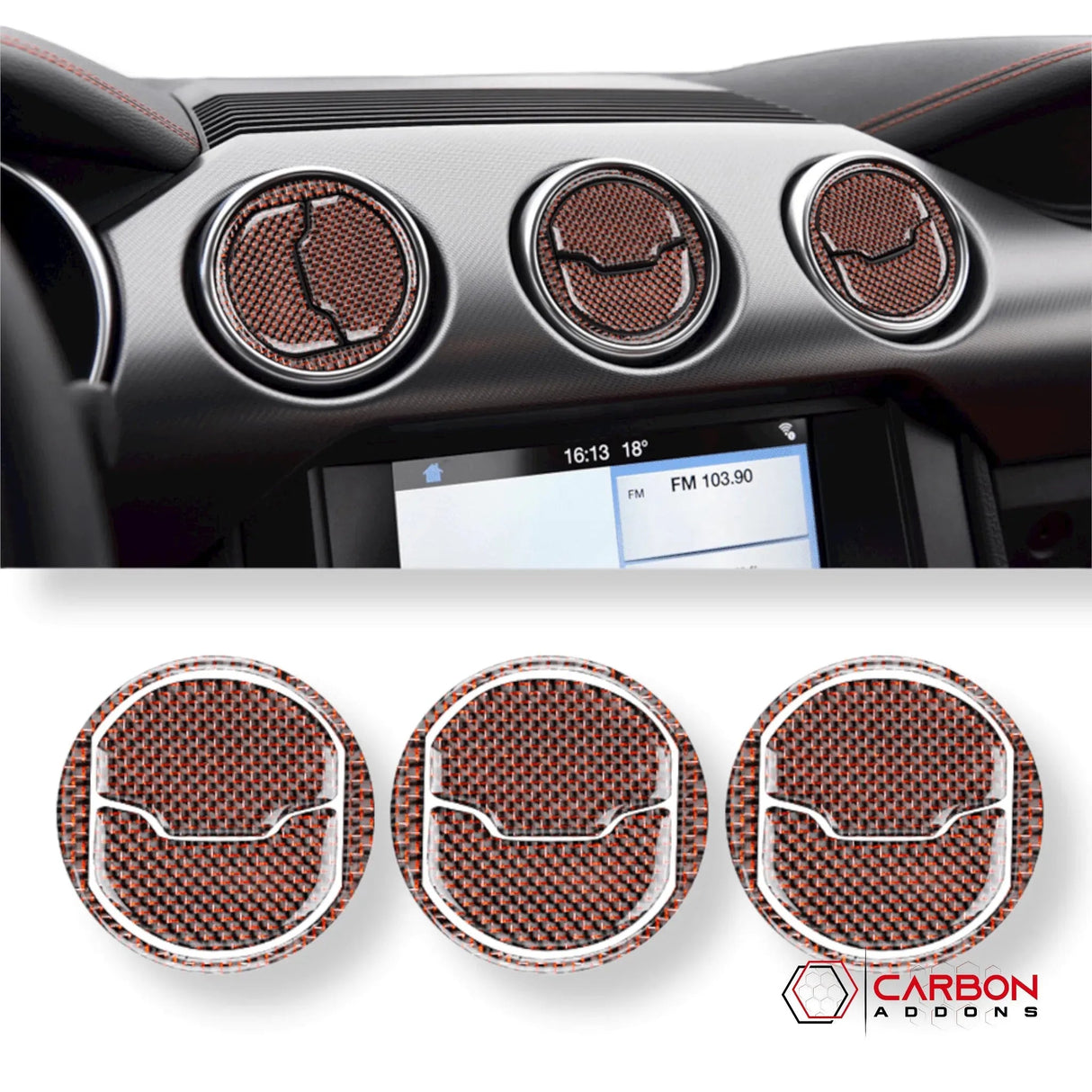 Reflective Carbon Fiber Center Air Vent Outlet Trim Overlay for Mustang 2015-2023