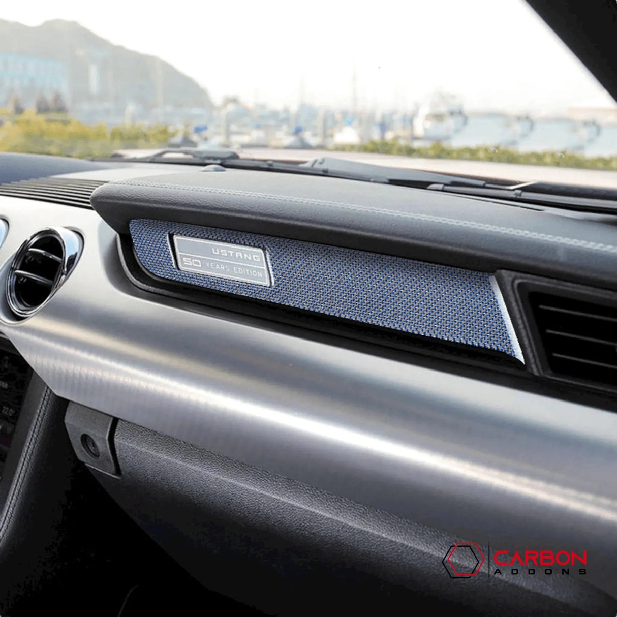 Reflective Carbon Fiber Passenger Dashboard Emblem Trim Overlay for Mustang 2015-2023