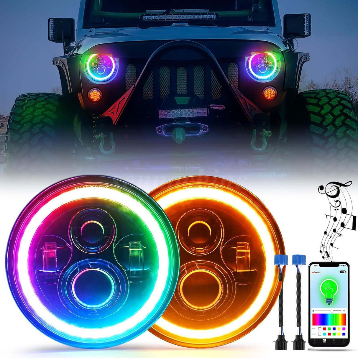 NTXGlow 7 Inch Round RGB LED Halo Headlights (Jeep Wrangler)