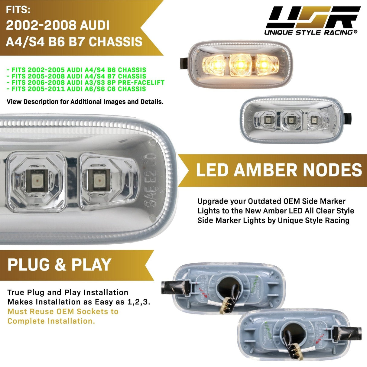 2002-2008 Audi A4/S4/RS4 Smoke Amber LED Side Marker Lights