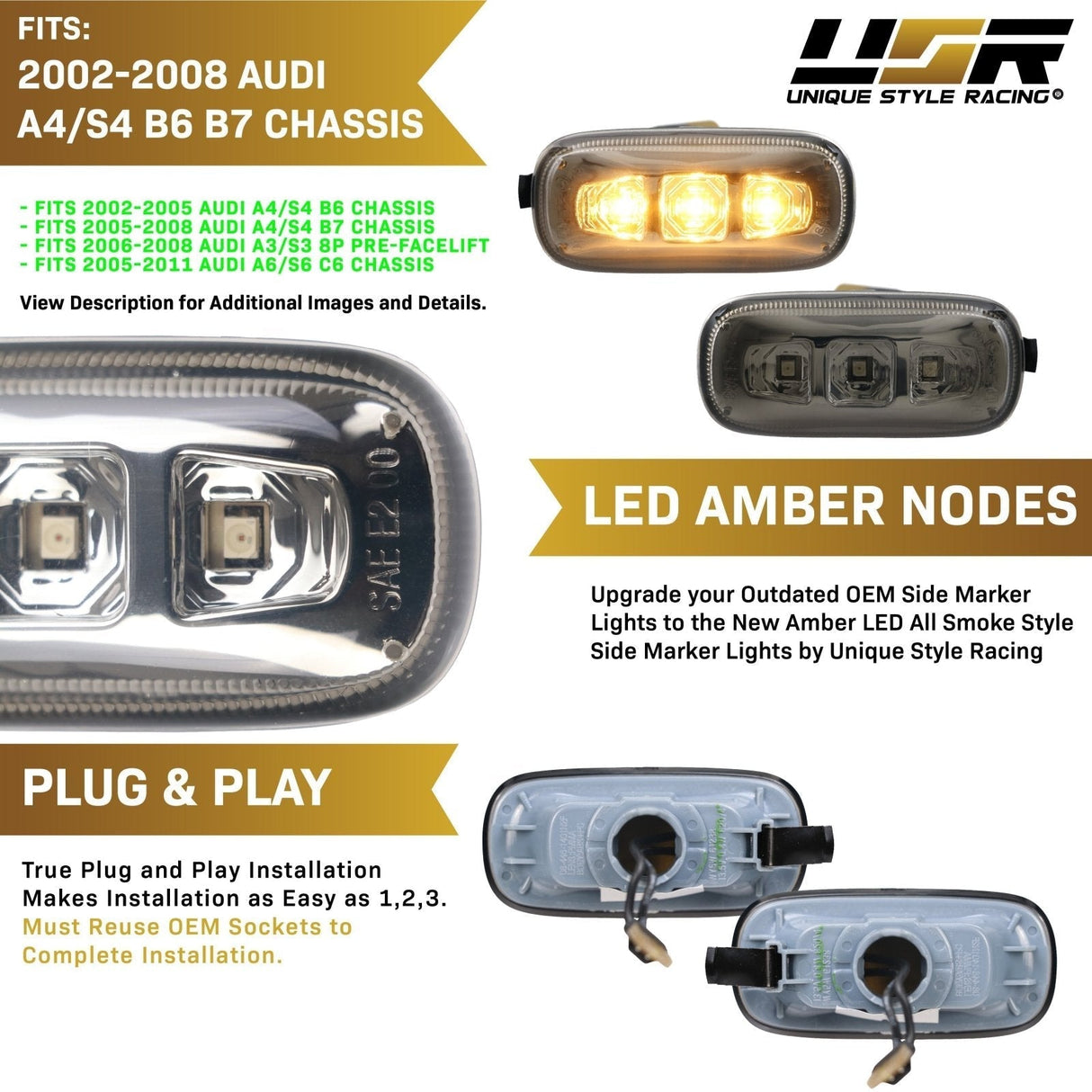 2002-2008 Audi A4/S4/RS4 Smoke Amber LED Side Marker Lights