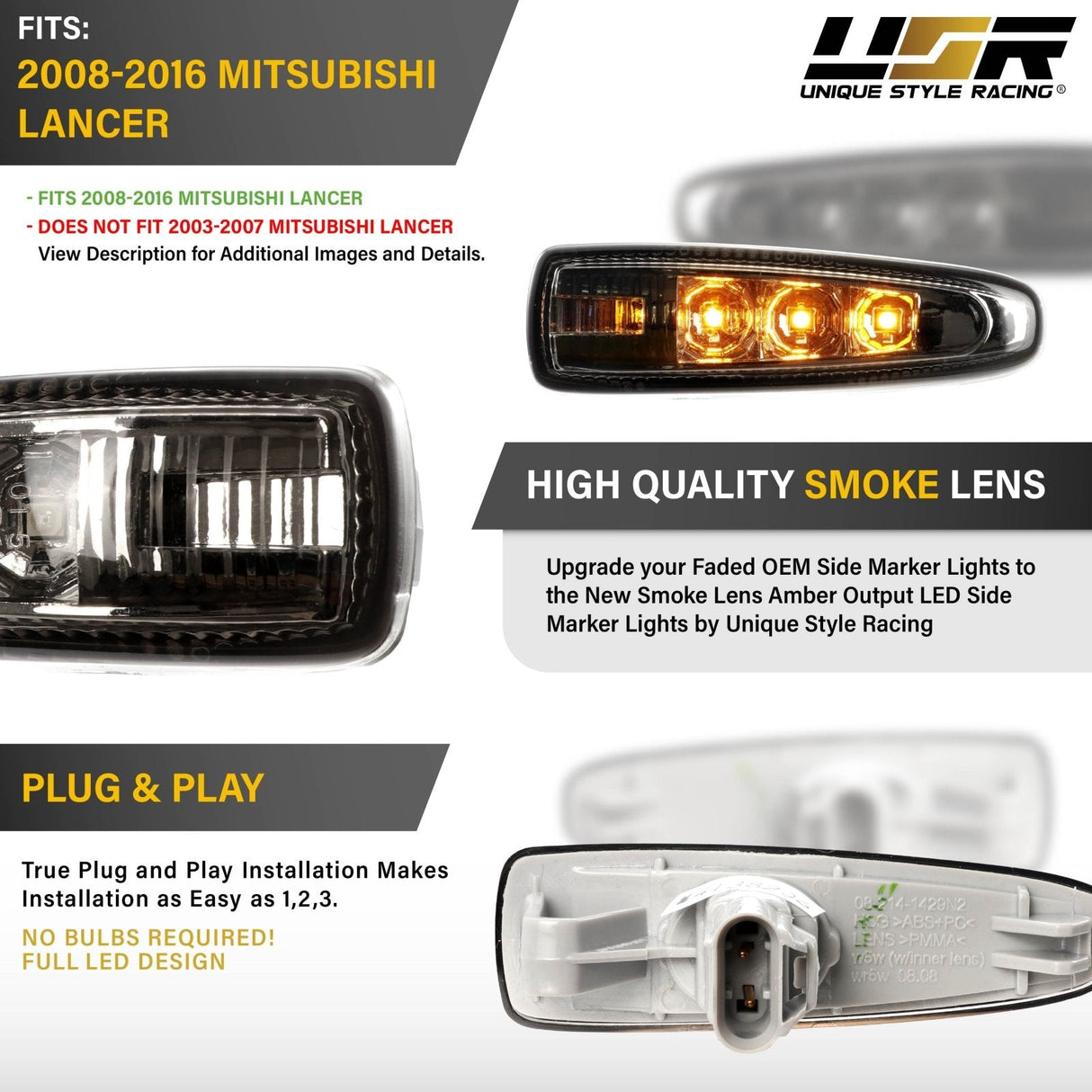 2008-2016 Mitsubishi Lancer Smoke Amber LED Side Marker Lights