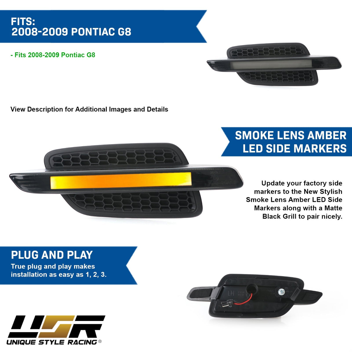 2008-2009 Pontiac G8 Matte Black Fender Smoke Light Bar Amber Led Side Marker Light