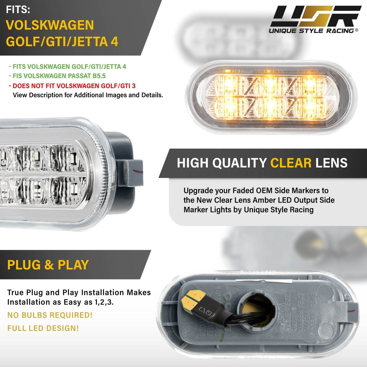 Volkswagen Golf GTI Jetta Passat Smoke Amber LED Side Marker Lights