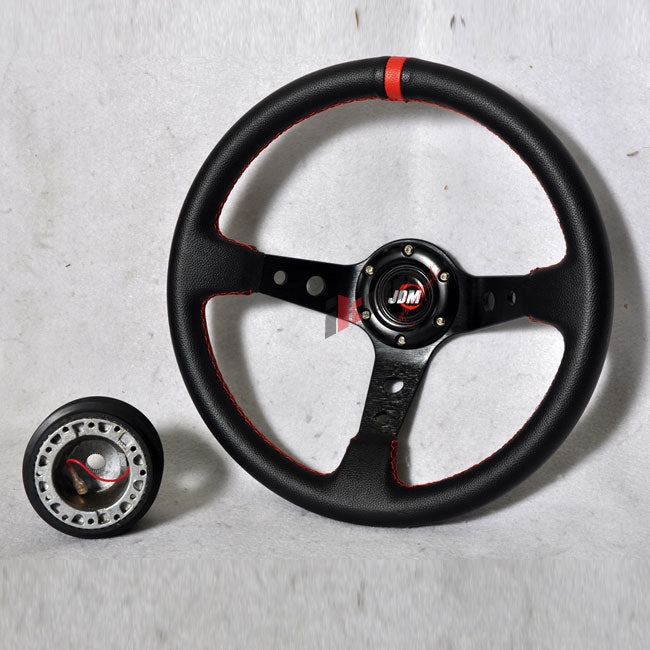 Black W/ Red Stitch Racing Steering Wheel 350MM + JDM Hub Adapter