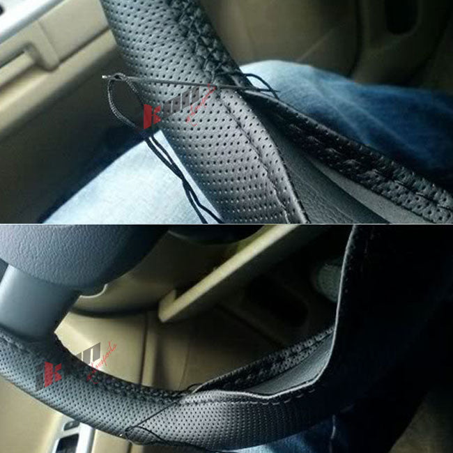 Universal 37-38CM Black Steering Wheel Cover Leather Needle Thread