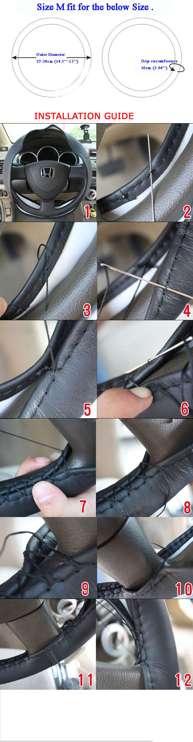 Universal 37-38CM Black Steering Wheel Cover Leather Needle Thread