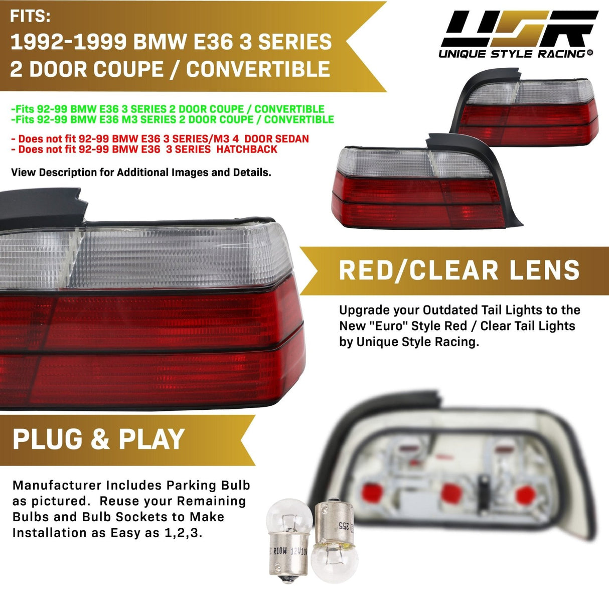 1992-1999 BMW E36 2D/Cabrio Red/Smoke Tail Lights