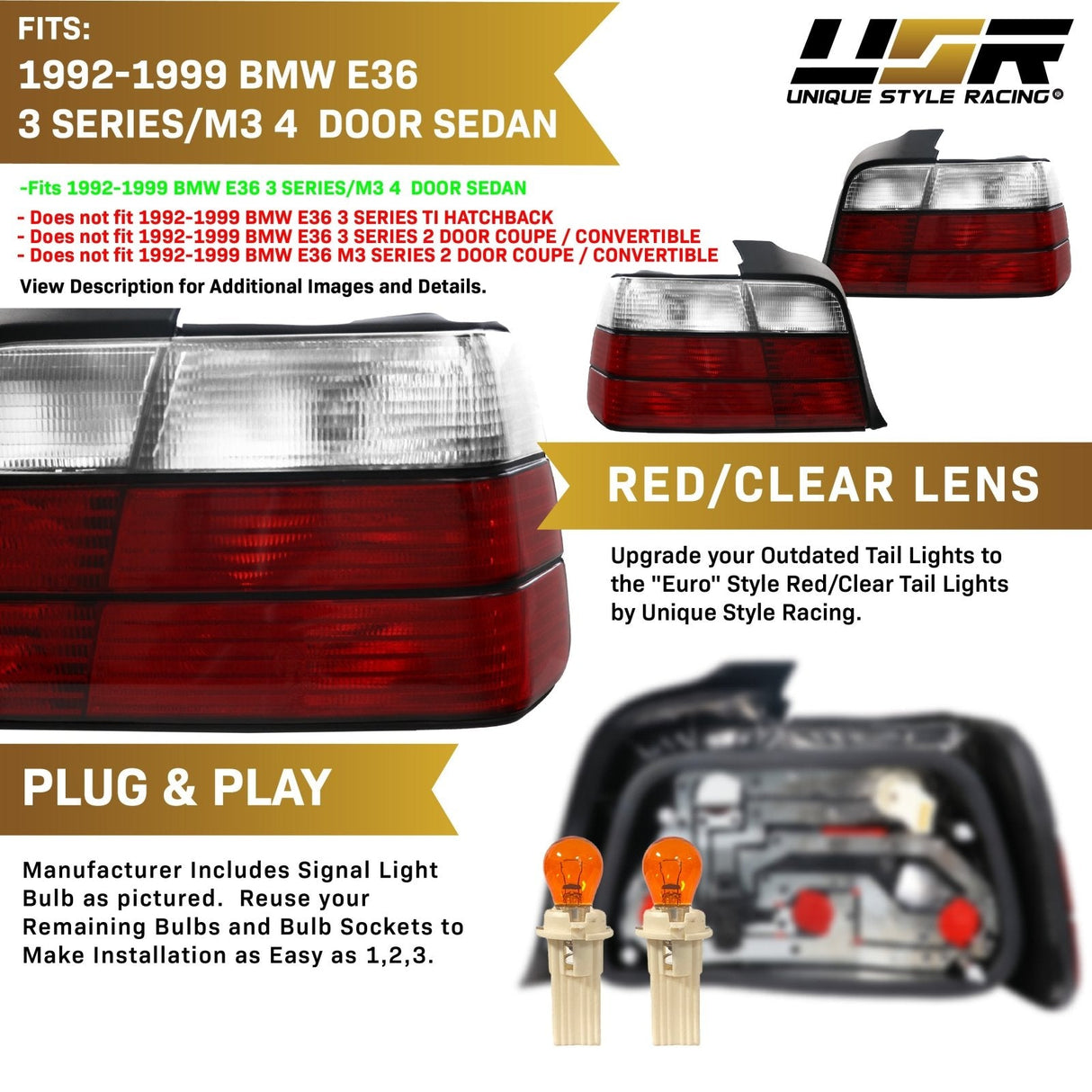 1992-1999 BMW E36 4D Smoke Tail Lights
