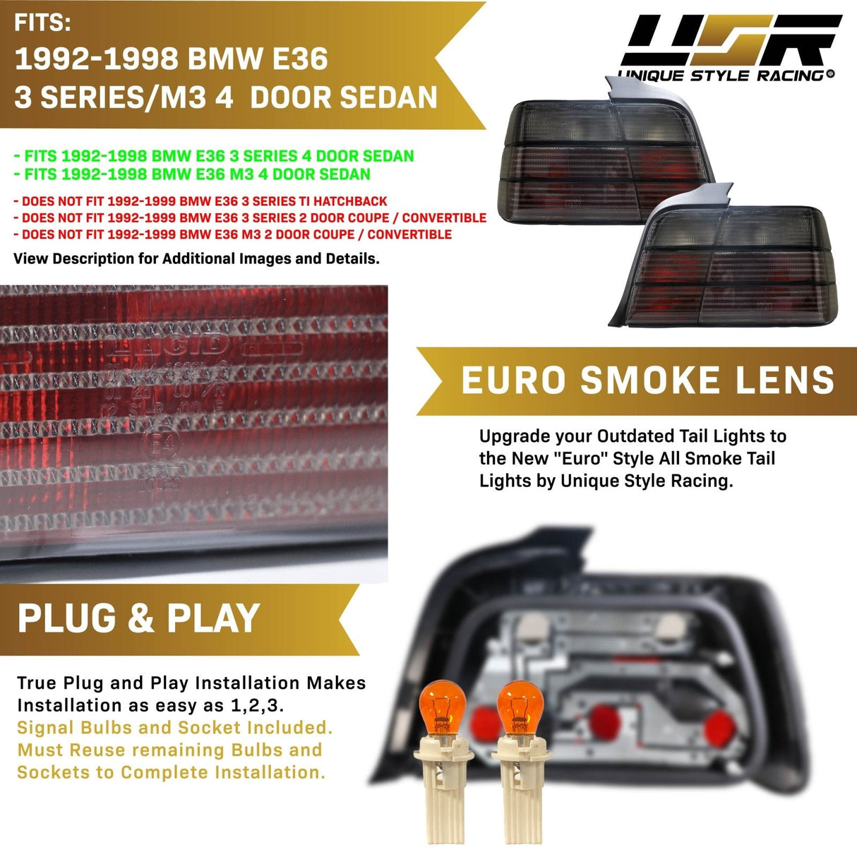 1992-1999 BMW E36 4D Smoke Tail Lights