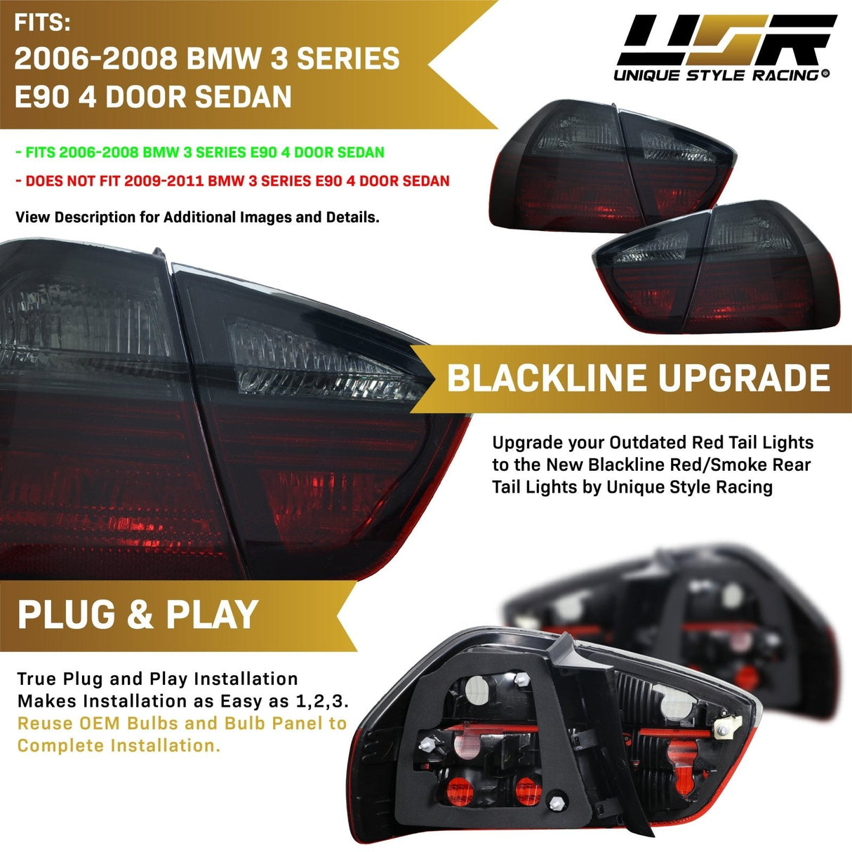 2006-2008 BMW E90 Blackline Style Dark Red Smoke Tail Lights