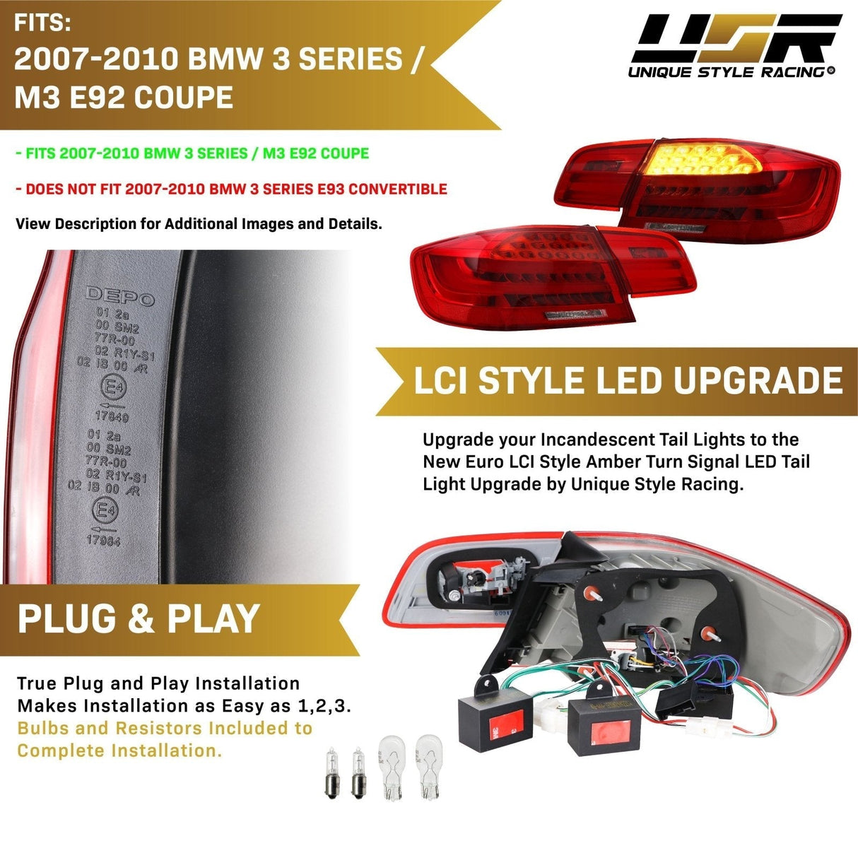 2007-2010 BMW E92 Euro LCI Look LED Tail Lights 4pc w/ Wiring