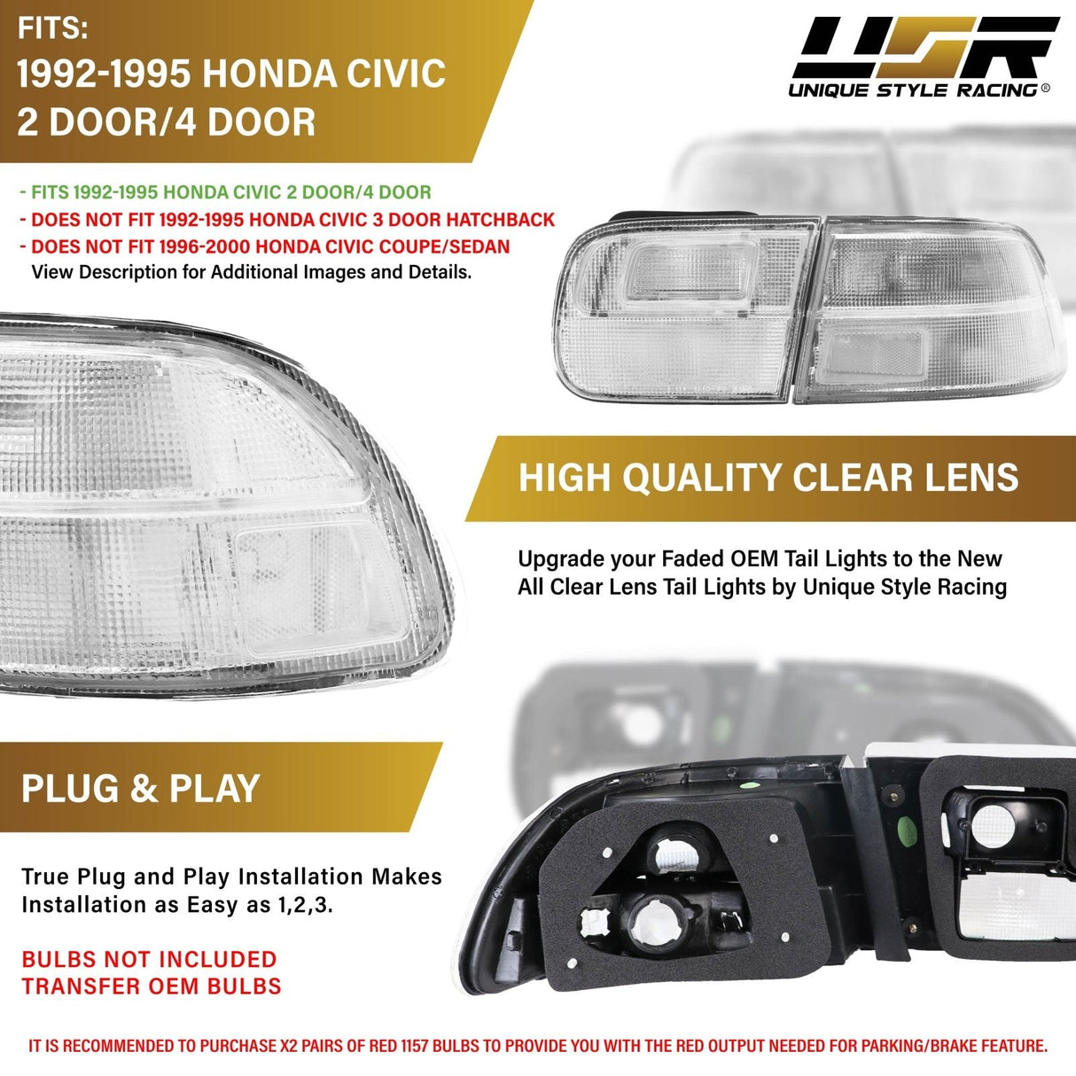 1992-1995 Honda Civic All Clear 4 Pieces Tail Lights